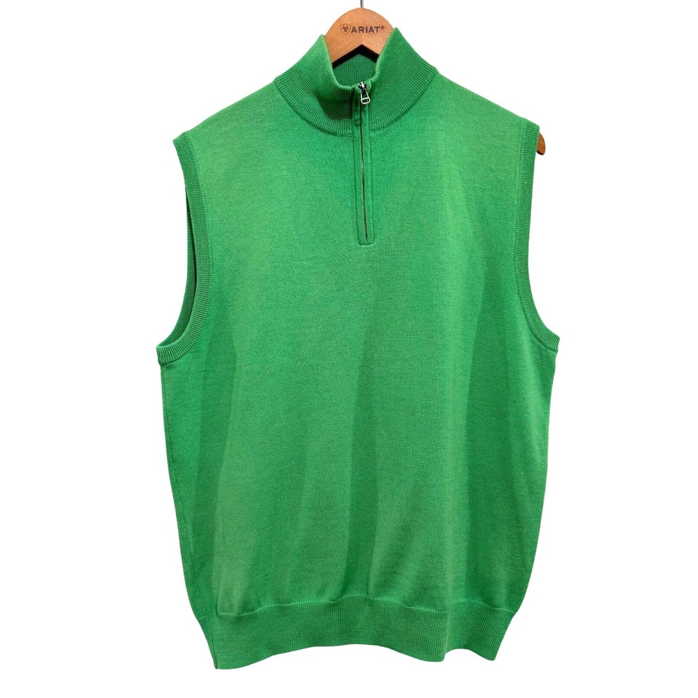 Polo Golf Ralph Lauren Mens Green 100 Merino Wool Quarter Zip‎ Vest Sweater M